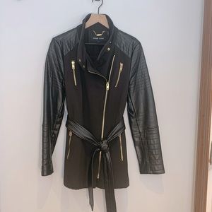 Black Rivet Faux Leather Jacket Long Belted L